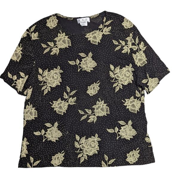 Vtg 1990s PSE Black Ivory Floral Print Stretch Nylon Jersey Short Sleeve Top 2X - Picture 1 of 4